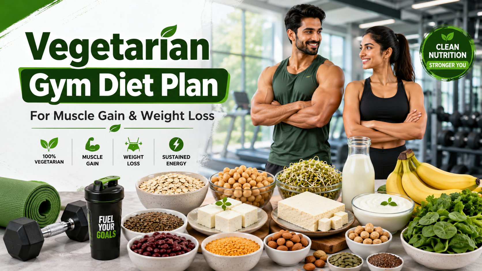 Vegetarian gym diet plan featuring paneer, tofu, lentils, chickpeas, oats, milk, bananas and nuts with fit men and women in a modern gym.